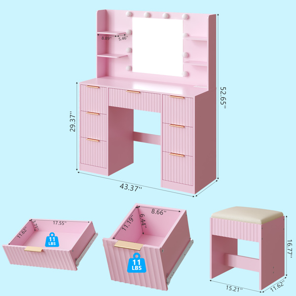 苹果粉 刨花板 贴麻面三胺 7抽4层架 梳妆桌套装 带10粒三色调光灯泡 排插 格栅系列-3