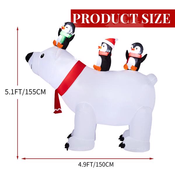 5FT 3只企鹅骑北极熊 5颗LED 210D涤纶 圣诞充气装饰 12V 12V,1250mA 美规-5