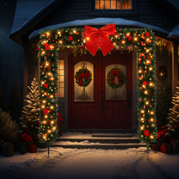 240*40*240cm   绿色PVC 平顶拱门  绑树做法 1650枝头 DIY 带350LED暖白灯串 带配饰 圣诞PVC拱门 30V 6W 美规-8