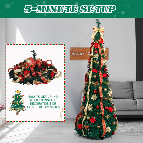 7ft  绿色  伸缩圣诞树  带红金色配饰 200LED暖白8模式 带遥控 PVC 圣诞树 30V 3.6W 美规-2