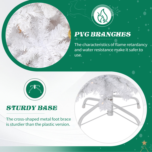 7.5ft  白色  带蝴蝶结金色花配饰 树裙 圣诞树 DIY 400LED暖白8模式 带遥控 1600枝头 自动树 落地款 PVC 圣诞树 30V 6W 美规-7