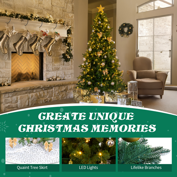 7.5ft  绿色  带金色系配饰 树裙 圣诞树 DIY 400LED暖白八模式 带遥控 950枝头 自动树 PE+PVC 圣诞树 30V 6W 美规-12