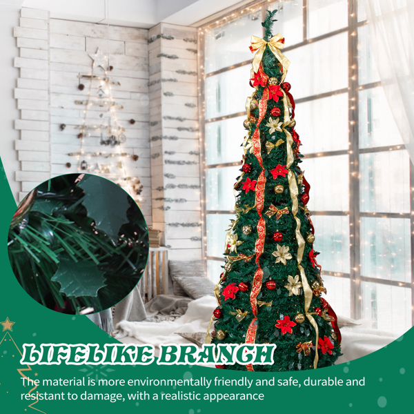 7ft  绿色  伸缩圣诞树  带红金色配饰 200LED暖白8模式 带遥控 PVC 圣诞树 30V 3.6W 美规-15