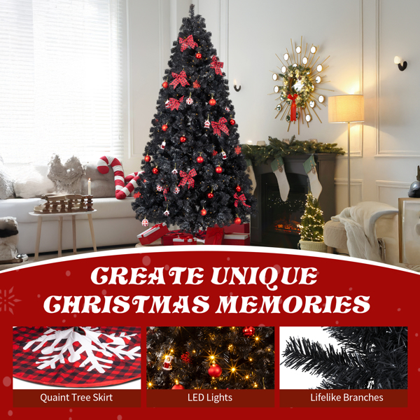 7.5ft  黑色  带红色系配饰 树裙 圣诞树 DIY 350LED暖白8模式 带遥控 1200枝头 自动树 PVC 圣诞树 30V 6W 美规-11