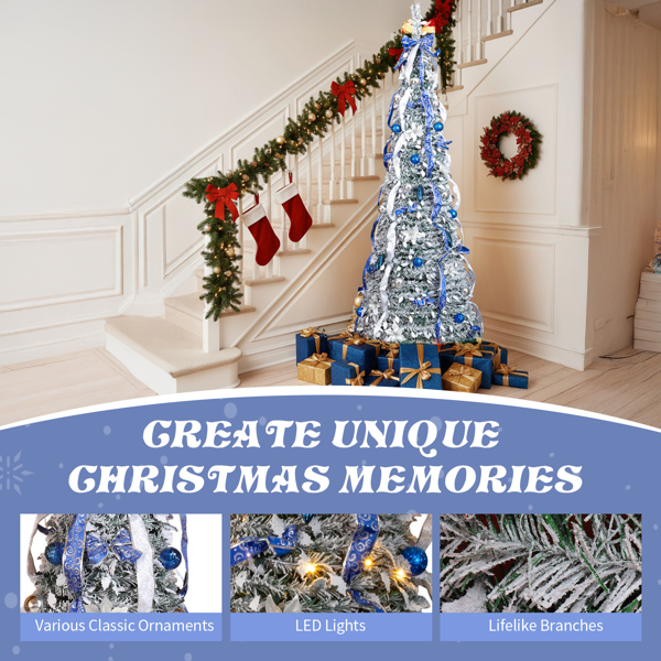 7ft  绿色植绒 伸缩圣诞树  带蓝银色配饰 200LED暖白8模式 带遥控 PVC 圣诞树 30V 3.6W 美规-13