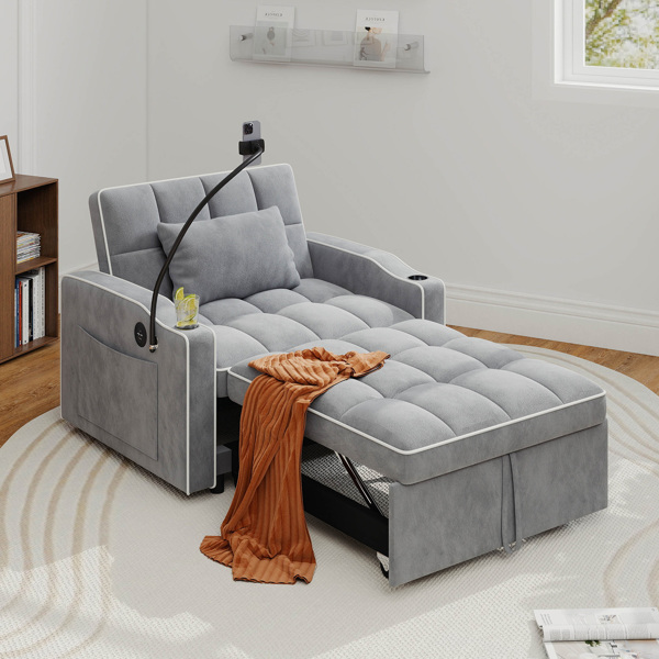 灯芯绒拉出式沙发床带靠枕，拉丝不锈钢杯架、手机支架及USB充电端口-12