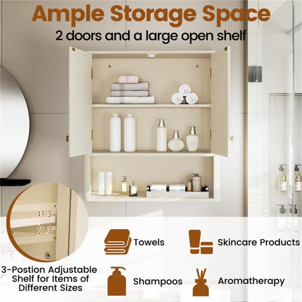 米色凹槽壁柜（21.5英寸x7.5英寸x24英寸）-位于卫生间上方，带2门开放式架子，3位可调节架子-9