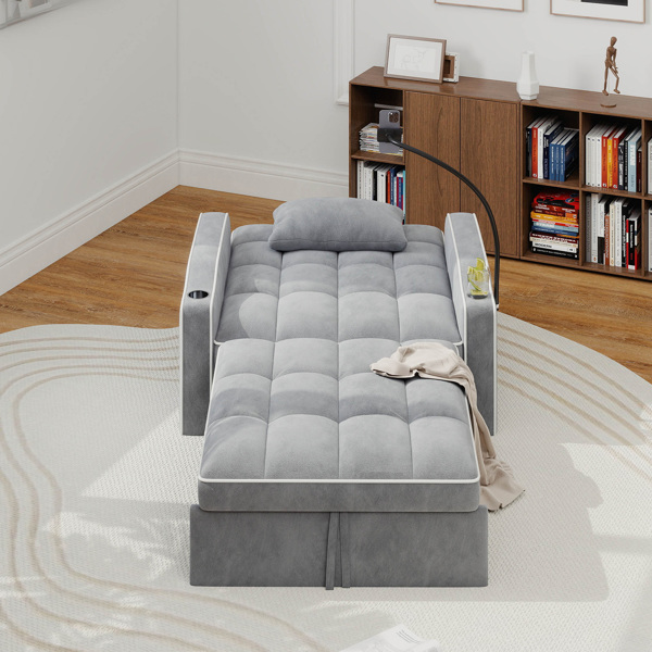 灯芯绒拉出式沙发床带靠枕，拉丝不锈钢杯架、手机支架及USB充电端口-3