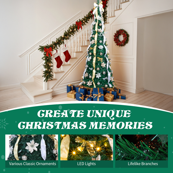 7ft  绿色  伸缩圣诞树  带金银色配饰 200LED暖白8模式 带遥控 PVC 圣诞树 30V 3.6W 美规-13