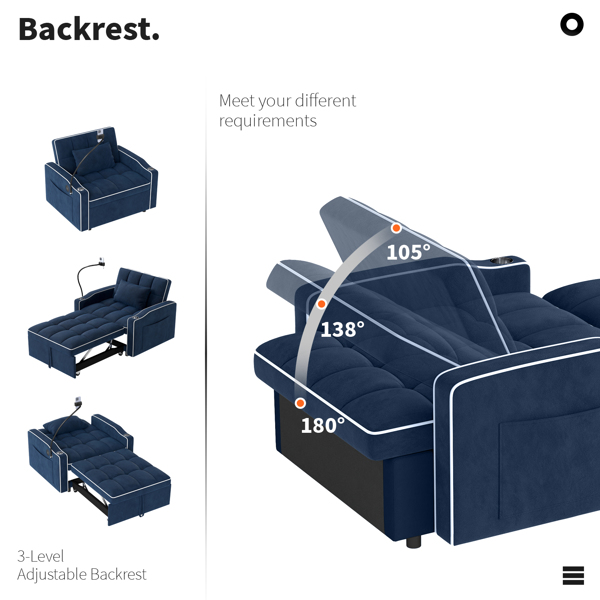 灯芯绒拉出式沙发床带靠枕，拉丝不锈钢杯架、手机支架及USB充电端口-5