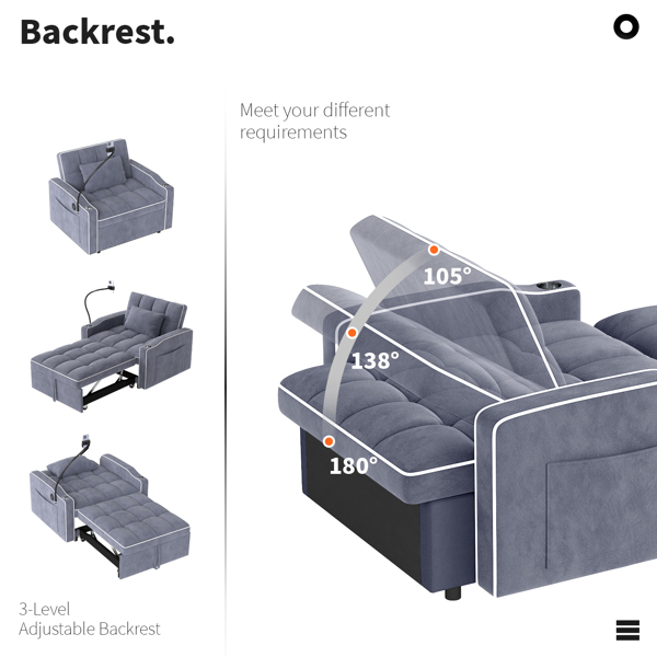 灯芯绒拉出式沙发床带靠枕，拉丝不锈钢杯架、手机支架及USB充电端口-5