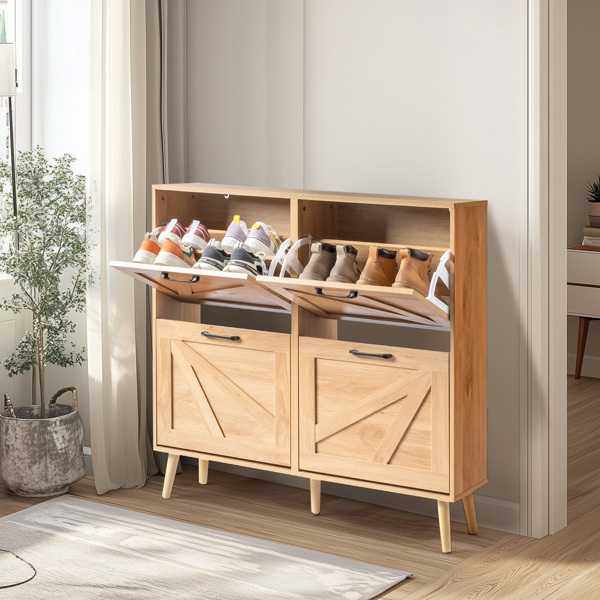 谷仓门4翻斗 金属黑色一字把手+三胺刨花板 浮雕面+原木色实木塑封锥形腿 鞋柜 106*24*98cm 原木色-2