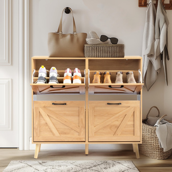 谷仓门4翻斗 金属黑色一字把手+三胺刨花板 浮雕面+原木色实木塑封锥形腿 鞋柜 106*24*98cm 原木色