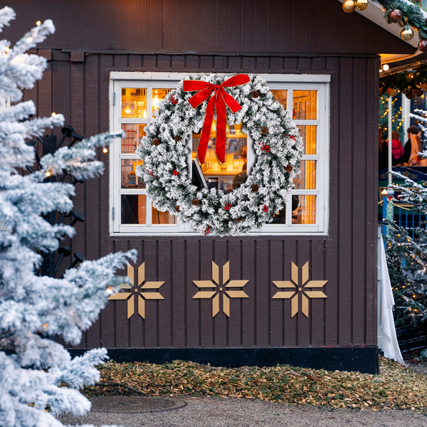 48in 绿色植绒 花环 带蝴蝶结 松果红果 450枝头 150LED暖白8模式 带遥控   PVC 圣诞PVC花环 30V 3.6W 美规-1