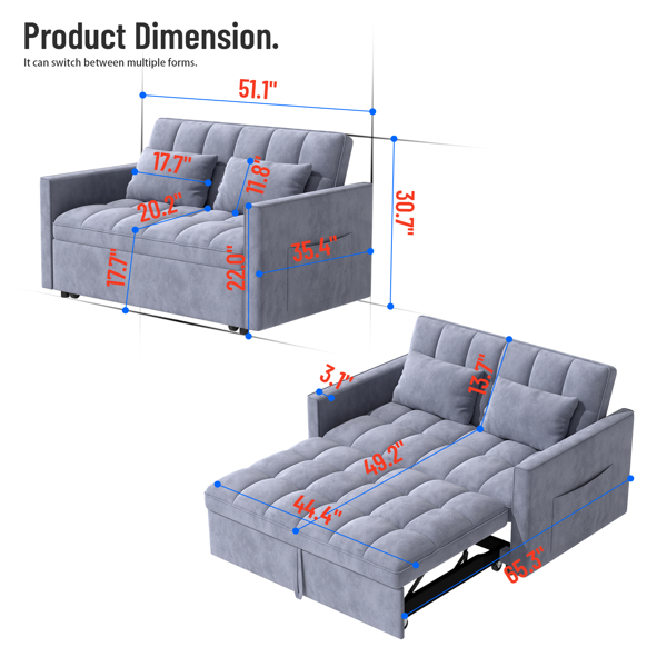 灯芯绒双人沙发床，带拉出式床铺、2个靠枕及侧边储物袋-4