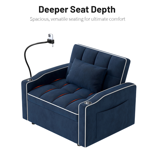 灯芯绒拉出式沙发床带靠枕，拉丝不锈钢杯架、手机支架及USB充电端口-4