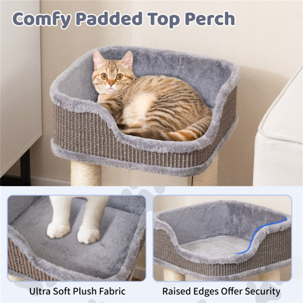 2-Level Cat Furniture - Engaging Bell + Pompom Toys, Sisal + Plush + Engineered Wood Build, Ideal for Tight Spaces-8