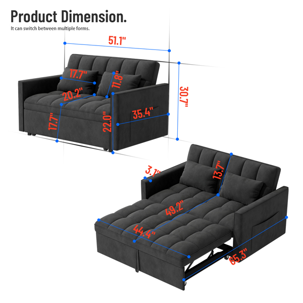 灯芯绒双人沙发床，带拉出式床铺、2个靠枕及侧边储物袋-4