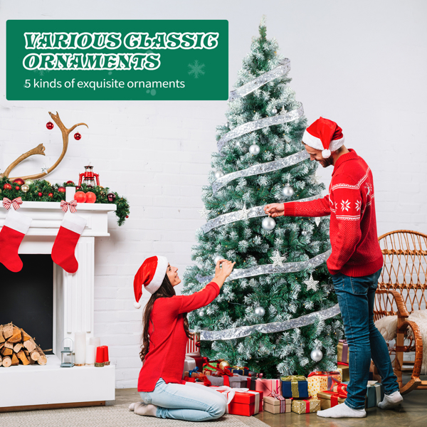 7.5ft  绿色喷白 带丝带银色配饰 栅栏树裙 圣诞树 DIY 350LED暖白8模式 带遥控 1223枝头 自动树 PVC 圣诞树 30V 6W 美规-11