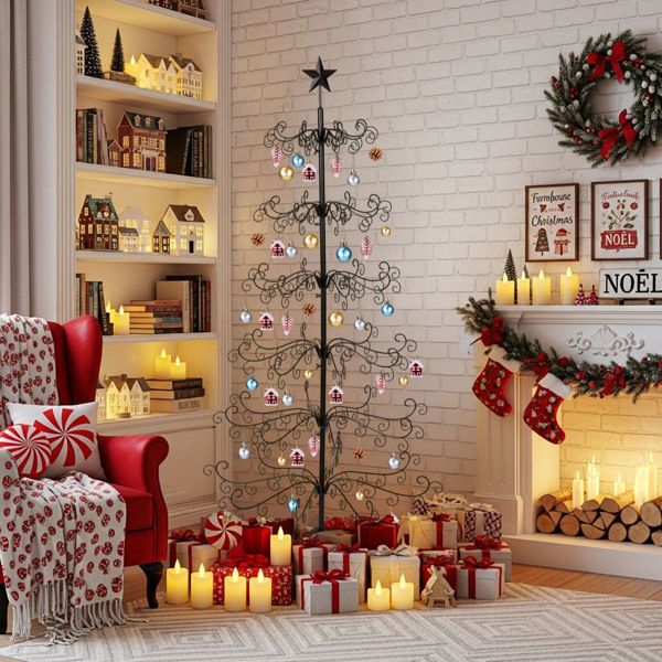 6ft  黑色  铁艺圣诞树  顶部带星星  不含配饰 PVC 圣诞树-5