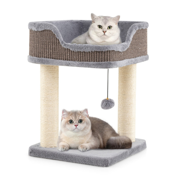 2-Level Cat Furniture - Engaging Bell + Pompom Toys, Sisal + Plush + Engineered Wood Build, Ideal for Tight Spaces-3