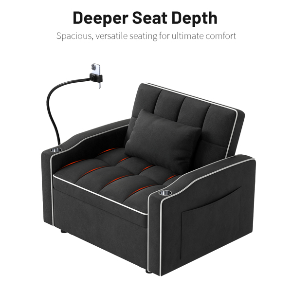 灯芯绒拉出式沙发床带靠枕，拉丝不锈钢杯架、手机支架及USB充电端口-4