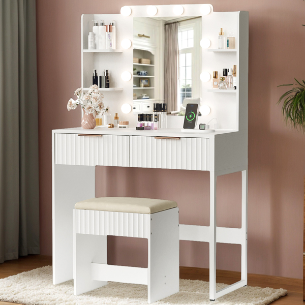 白色 刨花板 贴麻面三胺 2抽4层架 梳妆桌套装 带10粒三色调光灯泡 排插 格栅系列-7