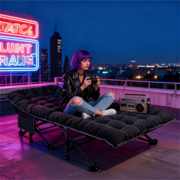 黑色户外露营床，带垫子和手提包，重型户外床-5
