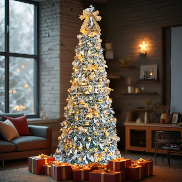 7ft 绿色植绒 伸缩圣诞树 PVC 170暖白灯8模式  带金色配饰 圣诞树 30V 3.6W 美规-12