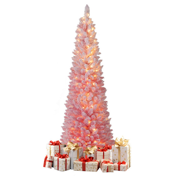 6英尺粉红色铅笔圣诞树，392个雪花头，140个暖白色LED（8种模式），带阻燃PVC-4