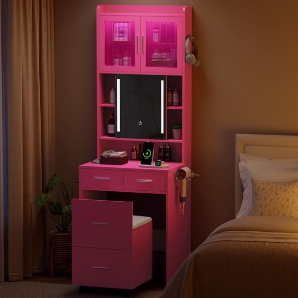 芭比粉 刨花板 贴麻面三胺 3抽2门 1LED3色调光可滑动镜 梳妆桌套装 带RGB灯带 1对羊角钩 排插 吹风机座 脚轮 小尺寸-2
