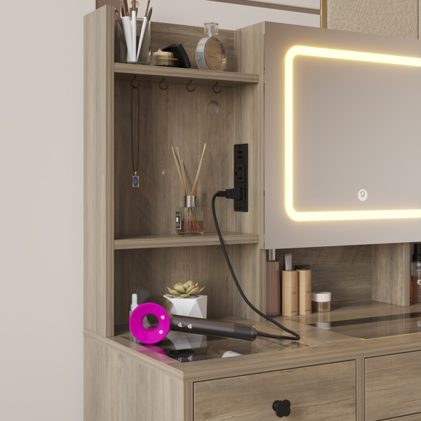 9262灰 刨花板 钢化玻璃桌面 贴麻面三胺 5抽 带层架 带挂钩  梳妆桌套装 带排插 LED三色调光-11