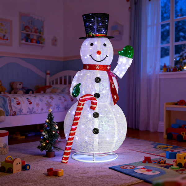 5.7ft 白色 拿拐杖糖雪人 雪花闪粉布 210L白光LED灯 伸缩款 圣诞灯饰雪人 30V 3.6W 英规-11