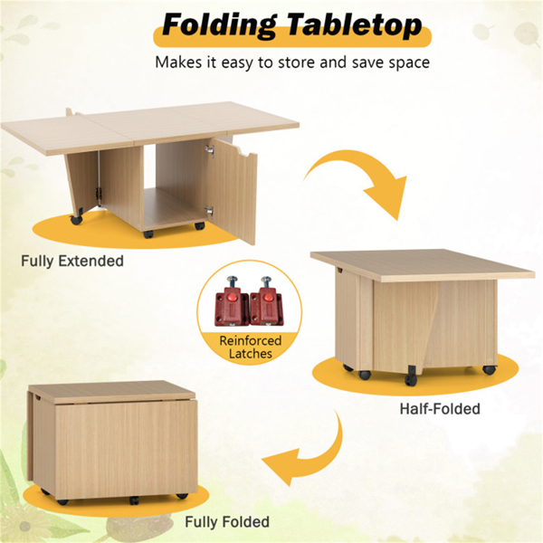 48英寸可折叠咖啡桌可扩展中央桌，带储物柜和轮子-橡木-6