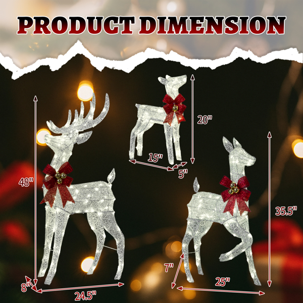 3pcs 4FT  银色 家庭麋鹿 210LED暖白灯 闪粉网纹布 圣诞灯饰麋鹿 30V 3.6W-7