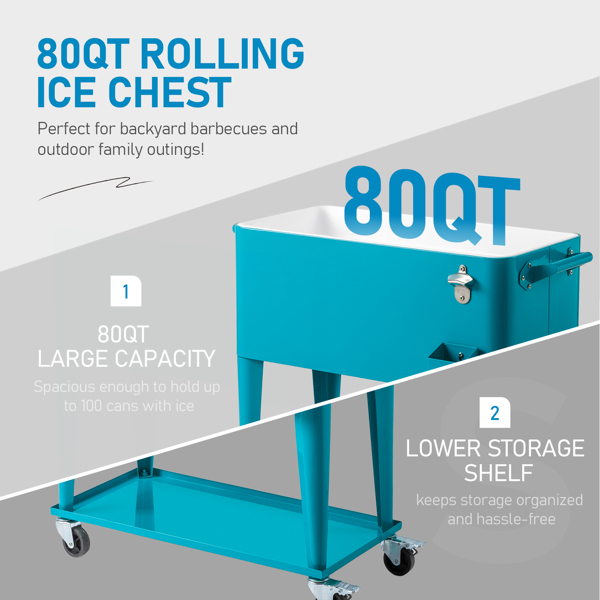 80QT 蓝绿色 冷冻保温推车 87.5*38.5*91cm 长方形 塑料箱体 铁脚管 冷冻保温-2