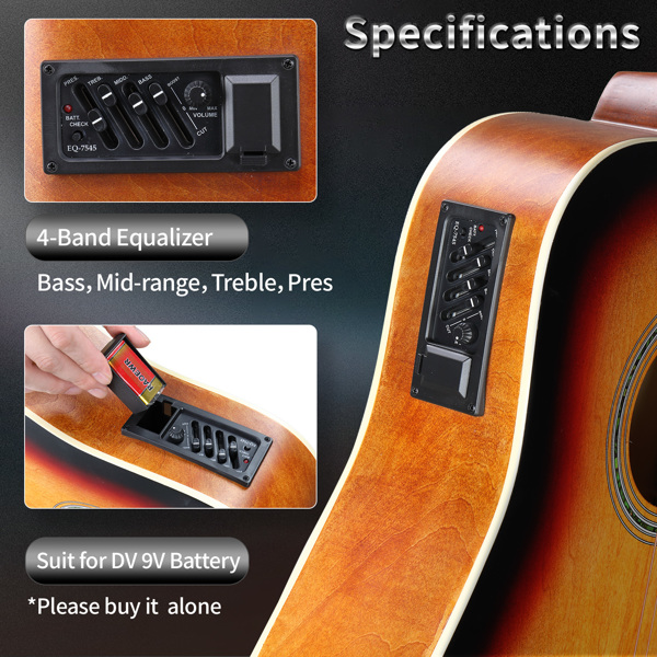 【亚马逊禁售】KMA101 41in 缺角调音EQ 椴木 带音箱 民谣吉他 擦色日落色-7