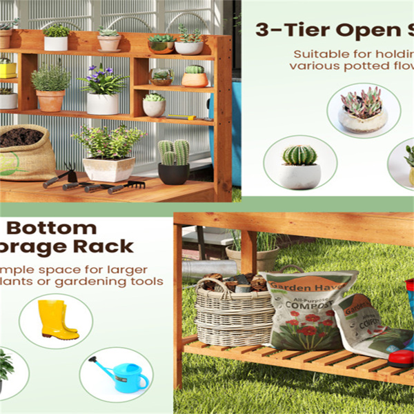 61英寸木制园艺工作台：翻转式桌面+隐藏式隔间，3层存储，净重35磅，硬木花园桌-3