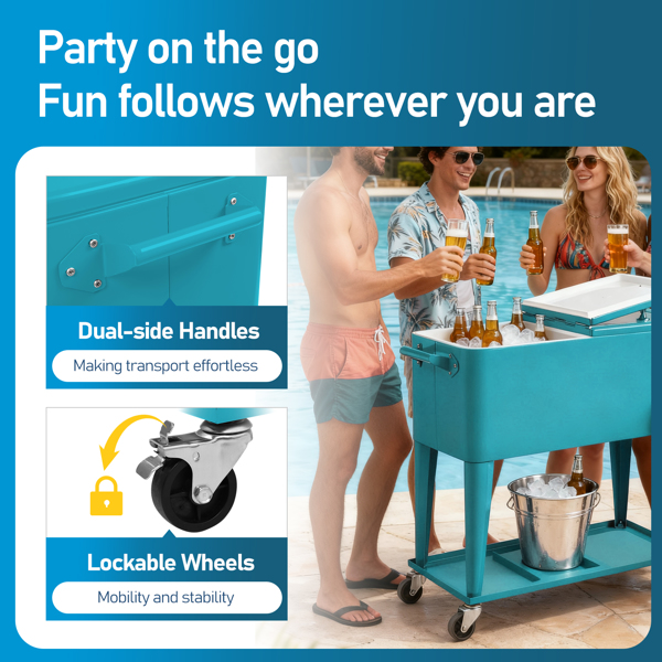 80QT 蓝绿色 冷冻保温推车 87.5*38.5*91cm 长方形 塑料箱体 铁脚管 冷冻保温-5