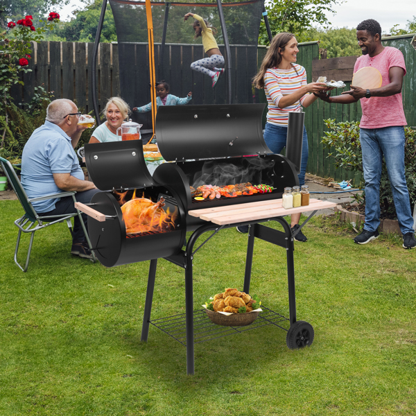 44*25*44in 黑色 双炉带烟囱 油桶形 碳烤炉-28