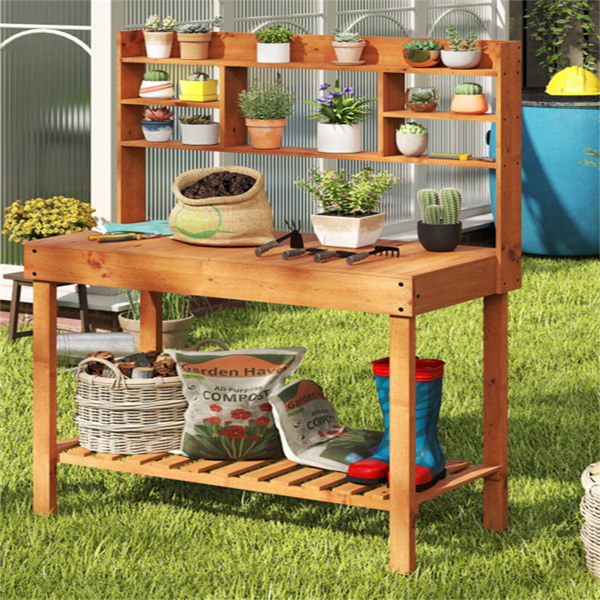 61英寸木制园艺工作台：翻转式桌面+隐藏式隔间，3层存储，净重35磅，硬木花园桌-10