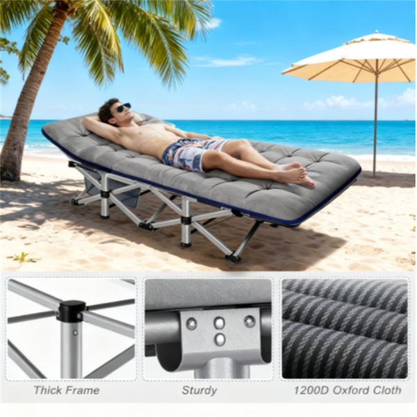 灰色户外露营床，带垫子和手提包，重型户外床-5