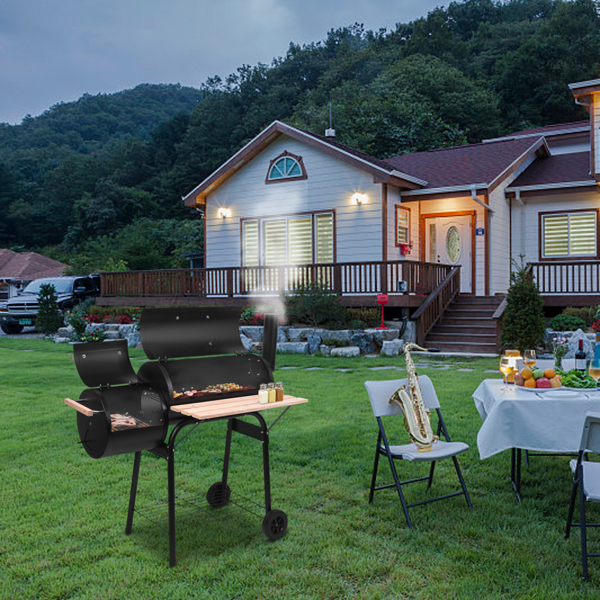 44*25*44in 黑色 双炉带烟囱 油桶形 碳烤炉-23