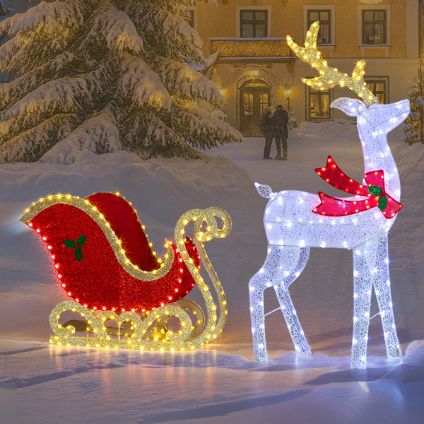 5FT  白加红  鹿拉车  448L皮线灯 白灯加暖白灯   蒙布 圣诞灯饰麋鹿 12V 8.4W 英规-2