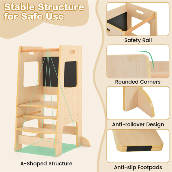 多用途幼儿厨房踏步凳，带活动黑板，高度可调，轨道-自然色-6