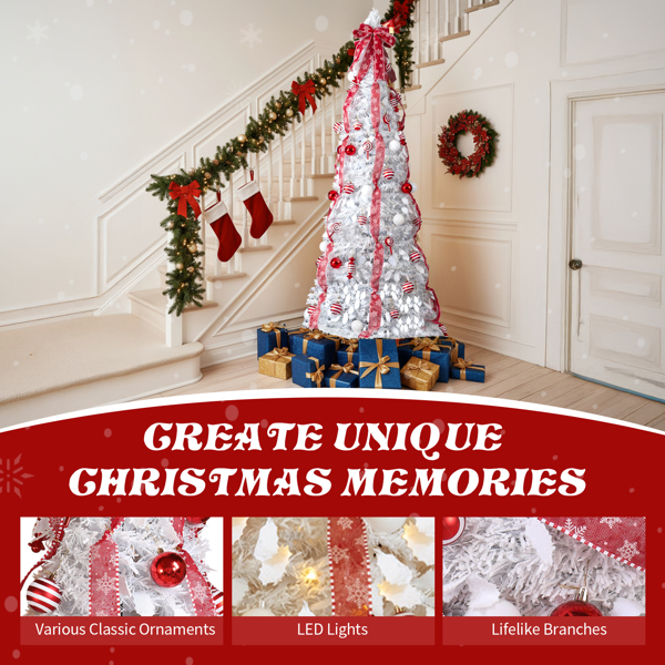 7ft 白色 伸缩圣诞树 PVC 170暖白灯8模式  带红白色配饰 圣诞树 30V 3.6W 美规-12