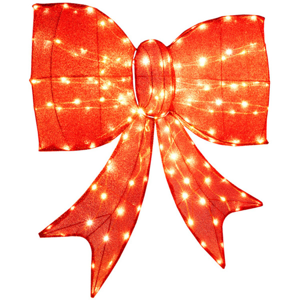 37英寸圣诞蝴蝶结装饰：150个温暖的LED，红色织物，防风雨，2个吊环，门/围栏/车库易于组装-3