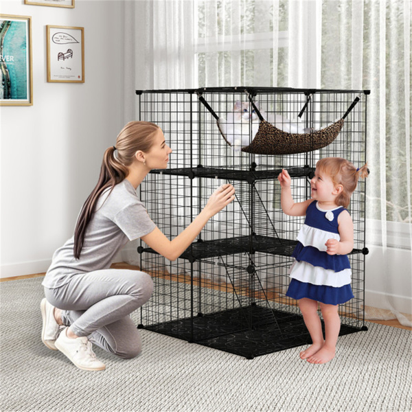 三层黑猫笼-74x74x107.5cm，PP+金属，DIY组装，吊床和梯子，适合1-3只猫/小宠物-2
