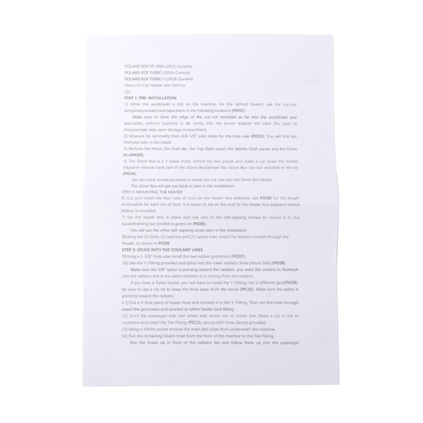 暖风加热除霜套件 Cab Heater with Defrost Kit SSHK131-01 Fit for Polaris RZR XP 1000 2019-2023-12