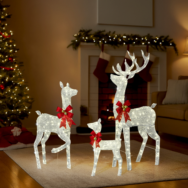 3pcs 5FT  银色 家庭麋鹿 290LED暖白灯 闪粉网纹布 圣诞灯饰麋鹿 30V 6W-10